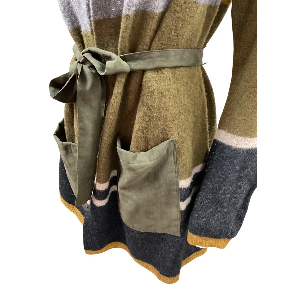Angel of the North Striped Belted Cardigan Sweater Olive‎ Green Grey Mustard M